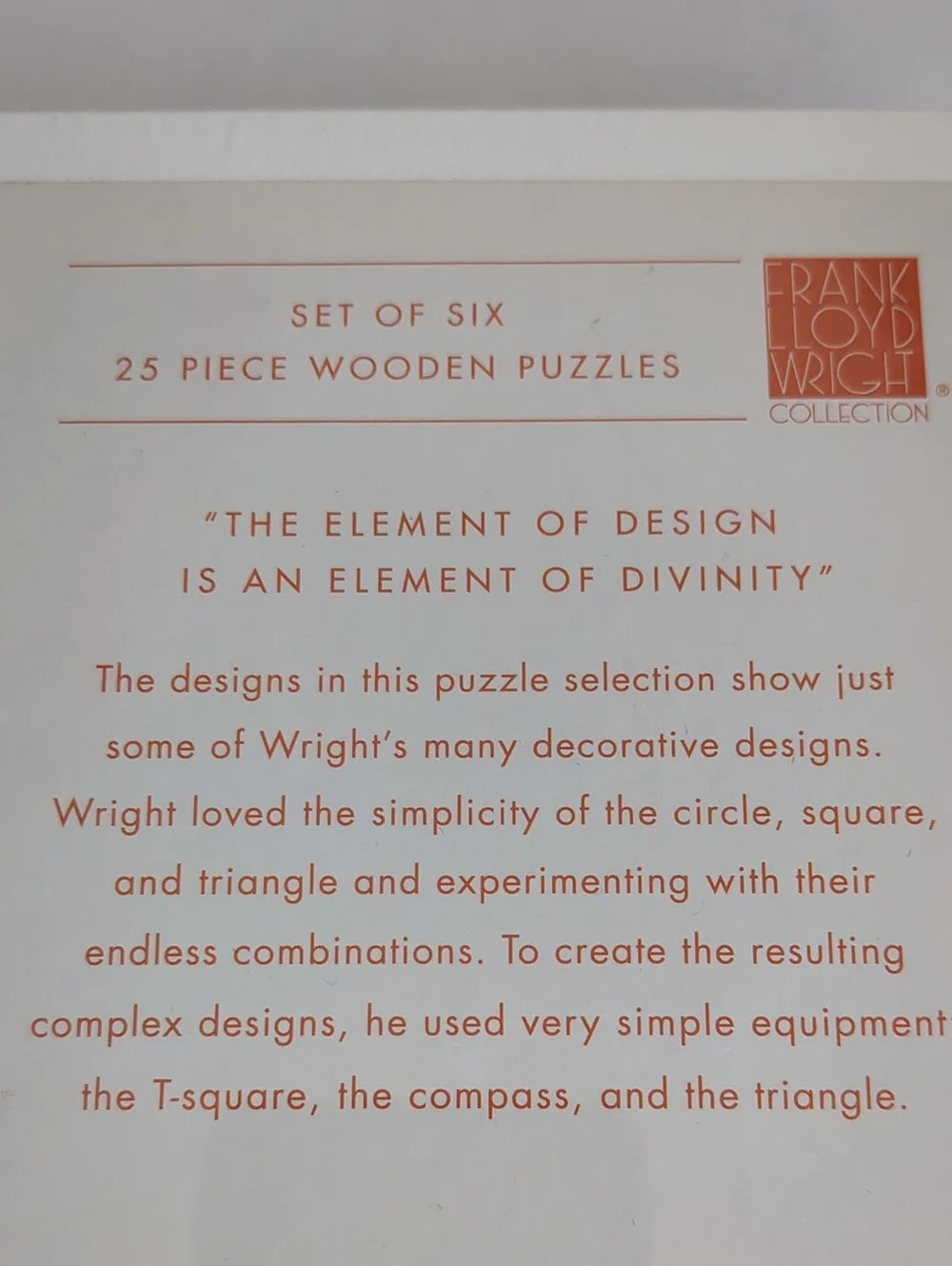 Frank Lloyd Wright Wood Puzzles Six 25 Piece Puzzles